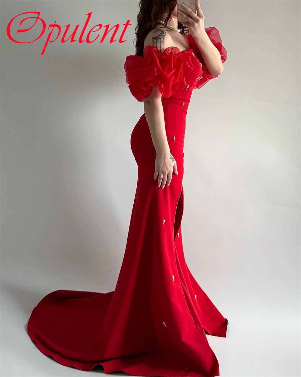 

Customized Delicate Red Jersey Evening Dress Elegant Strapless Cap Sleeve Homecoming Dress Sexy Mermaid Special Occasion Gowns