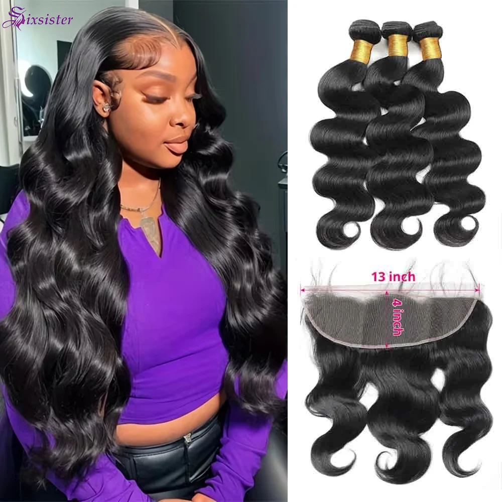 Body Wave Bundles with Frontal Brazilian Human Hair 3 Bundles with 13x4 Lace Frontal 100%  Virgin Hair Body Wave Natural Bundles