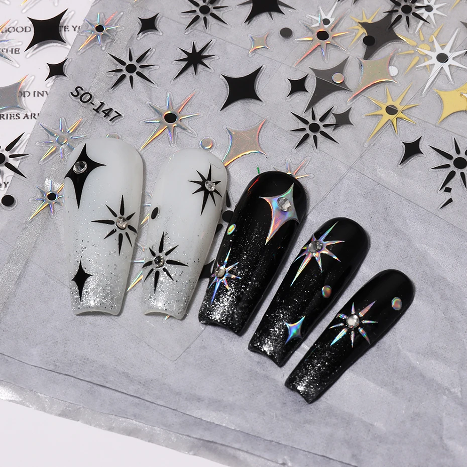 Gold Laser Black White Stars 3D Nail Slider Doji Self-Adhesive Stickers Nail Art Decorations Manicure Accessories Decals LESO147