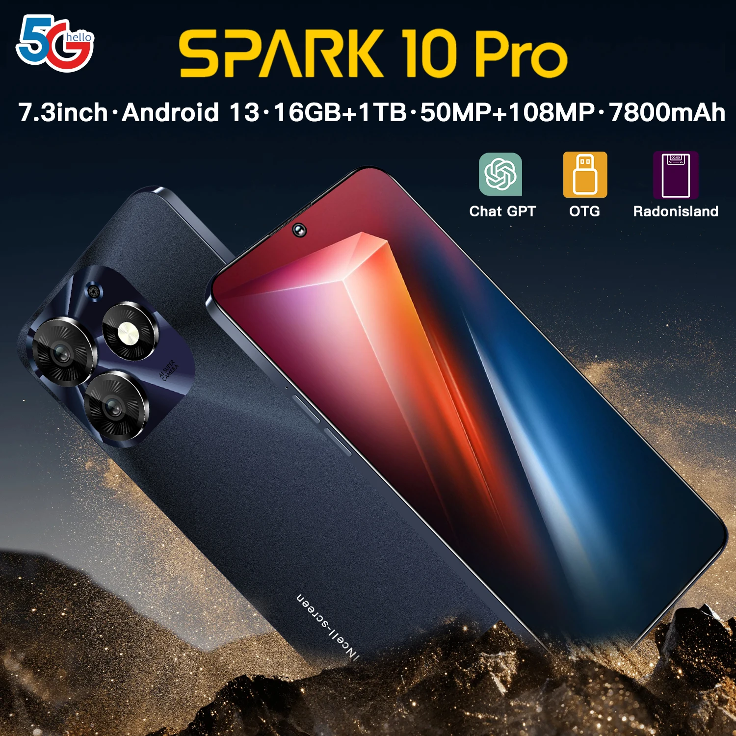 Spark 10 Pro New Smartphone 7.3inch Full Screen 4G/5G Global Version Cell Phone 16TB+1TB 7800mAh Mobile Phones 108MP  Celulares