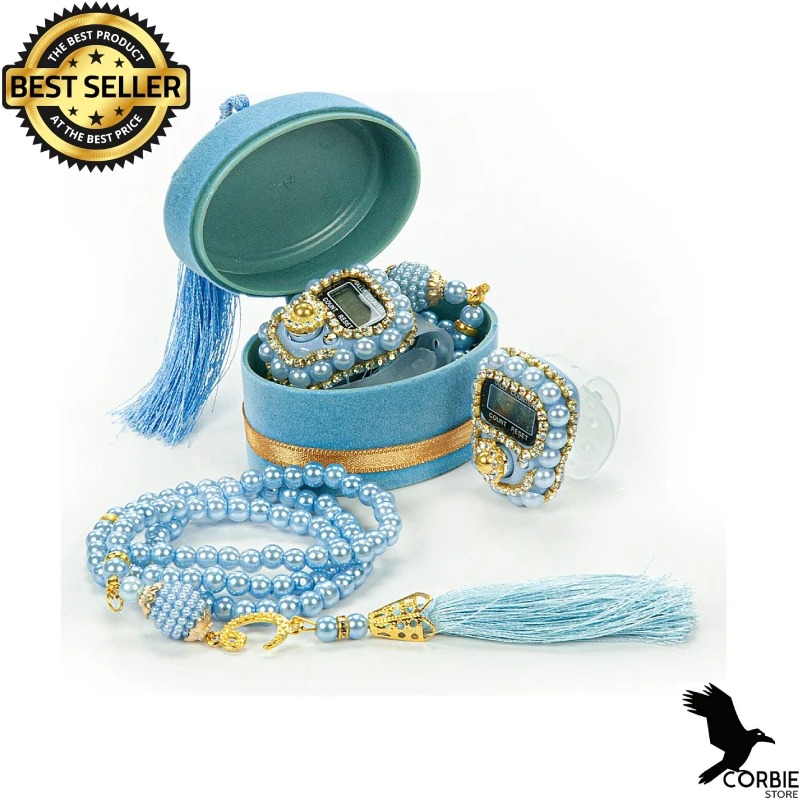 

Velvet Boxed Mevlüt Set with Chanting Machine and Pearl Rosary Light Blue