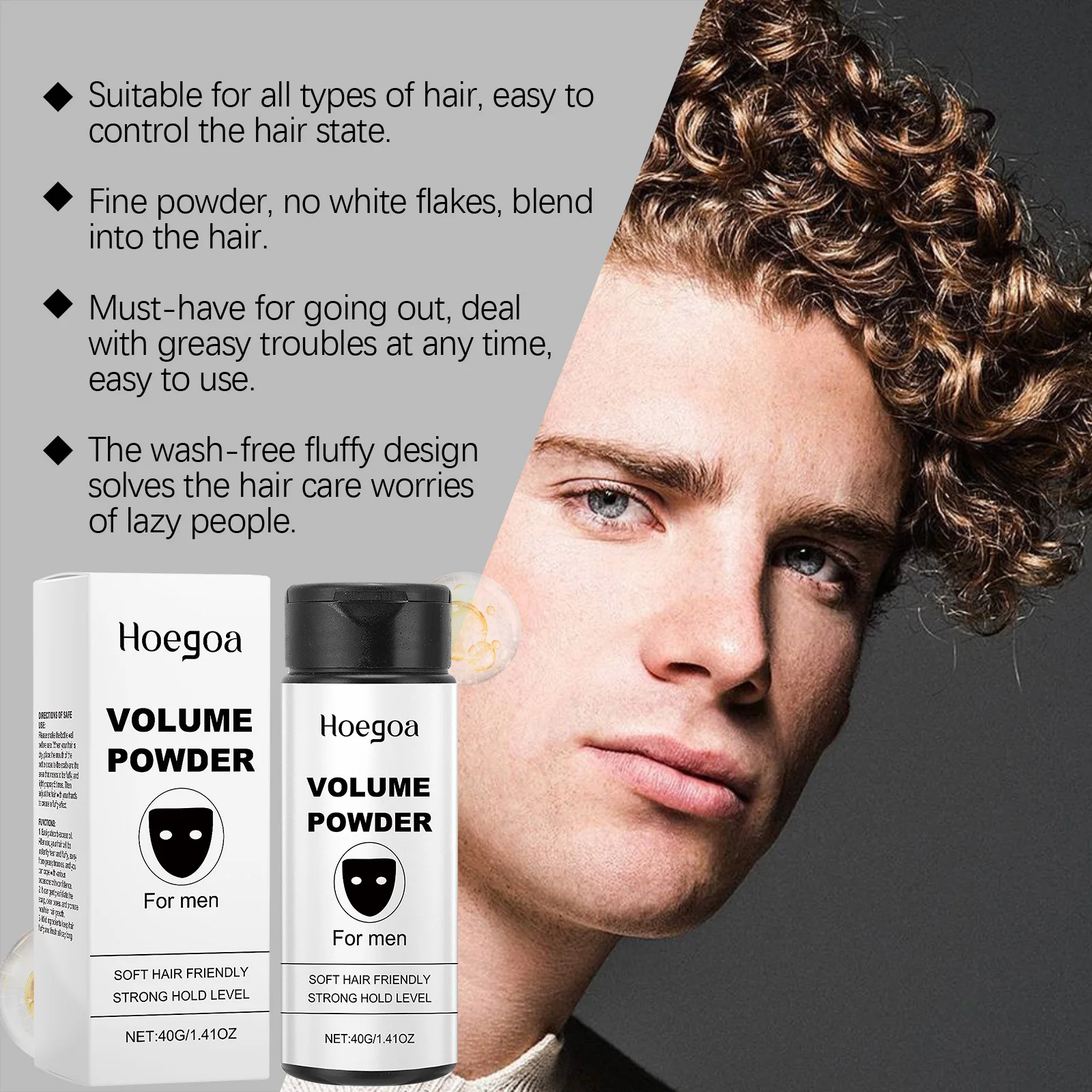 Hoegoa Men Hair Volume Powder Delikatna formuła Niepodrażniająca Odświeżająca Trwała Kontrola oleju Nawilżająca puder do włosów