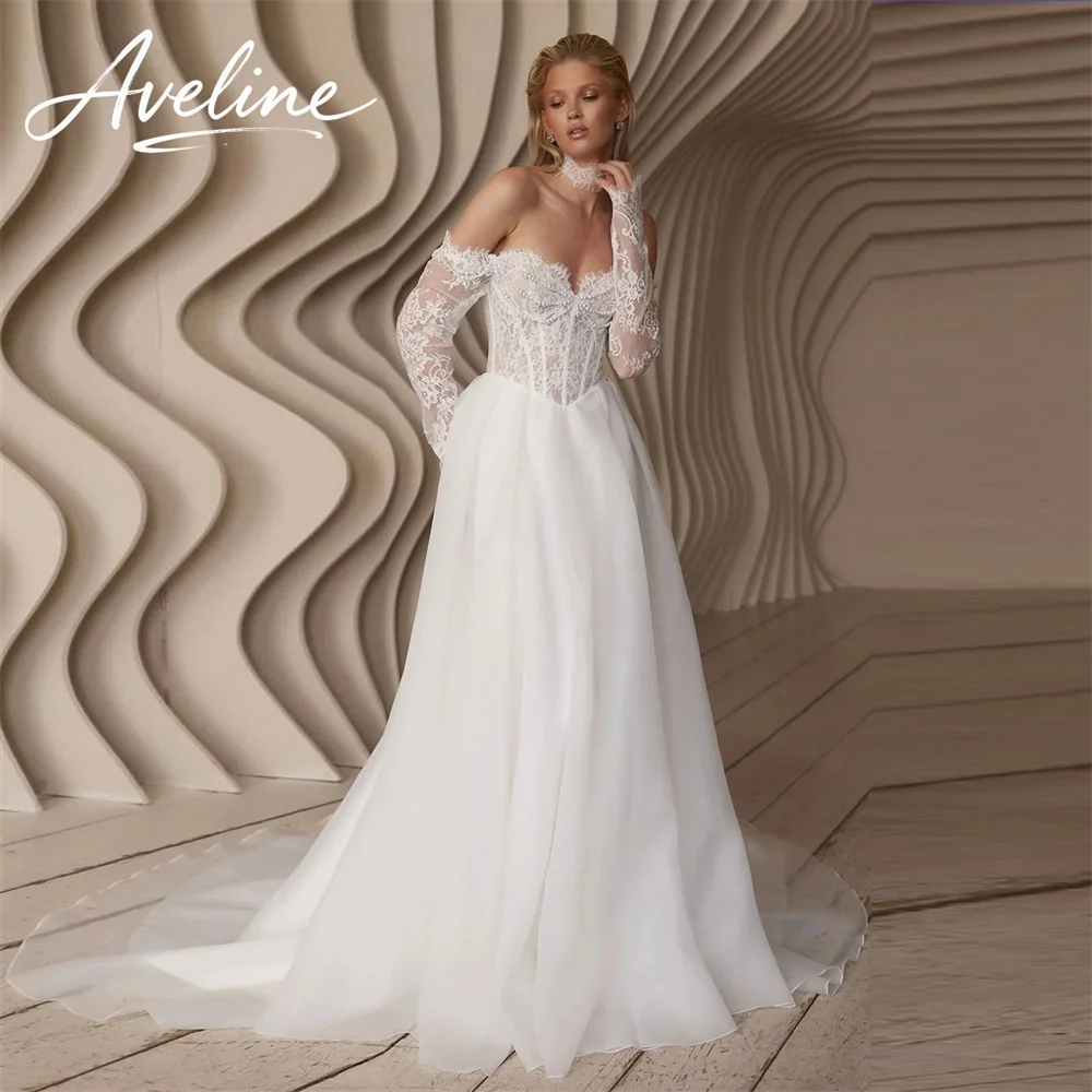 Customized Lace Off The Shoulder Organza A-Line Wedding Dress Women Long Sleeves Beading Pearls Bridal Gown Vestidos De Novia