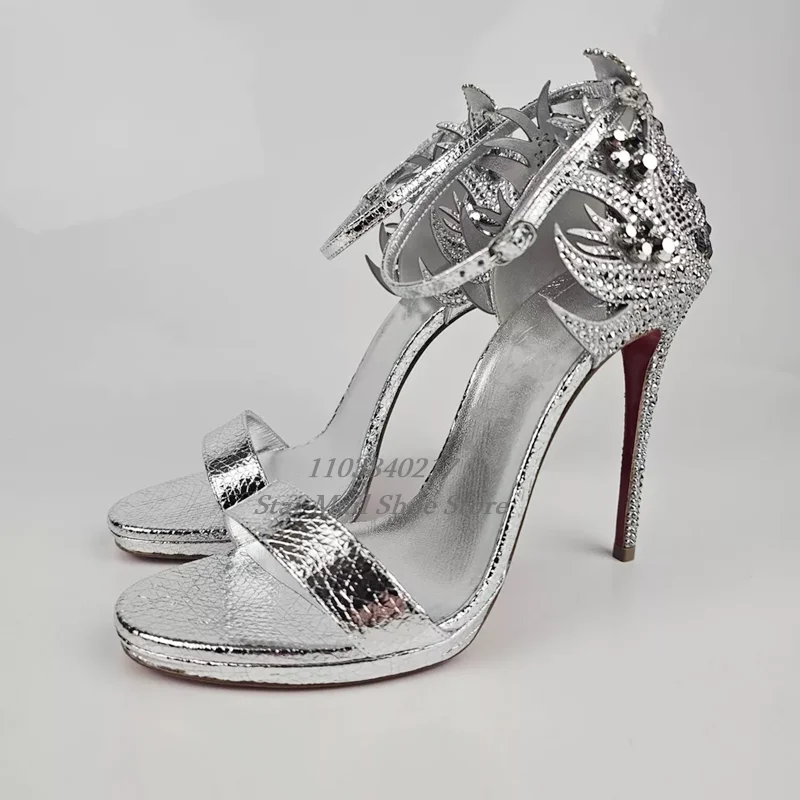 

Silver Sequins Peep Toe Pattern Decoration Ankle Strappy Tower Buckle Stiletto Sandals Concise Fashion Evening Party Dress Shoes