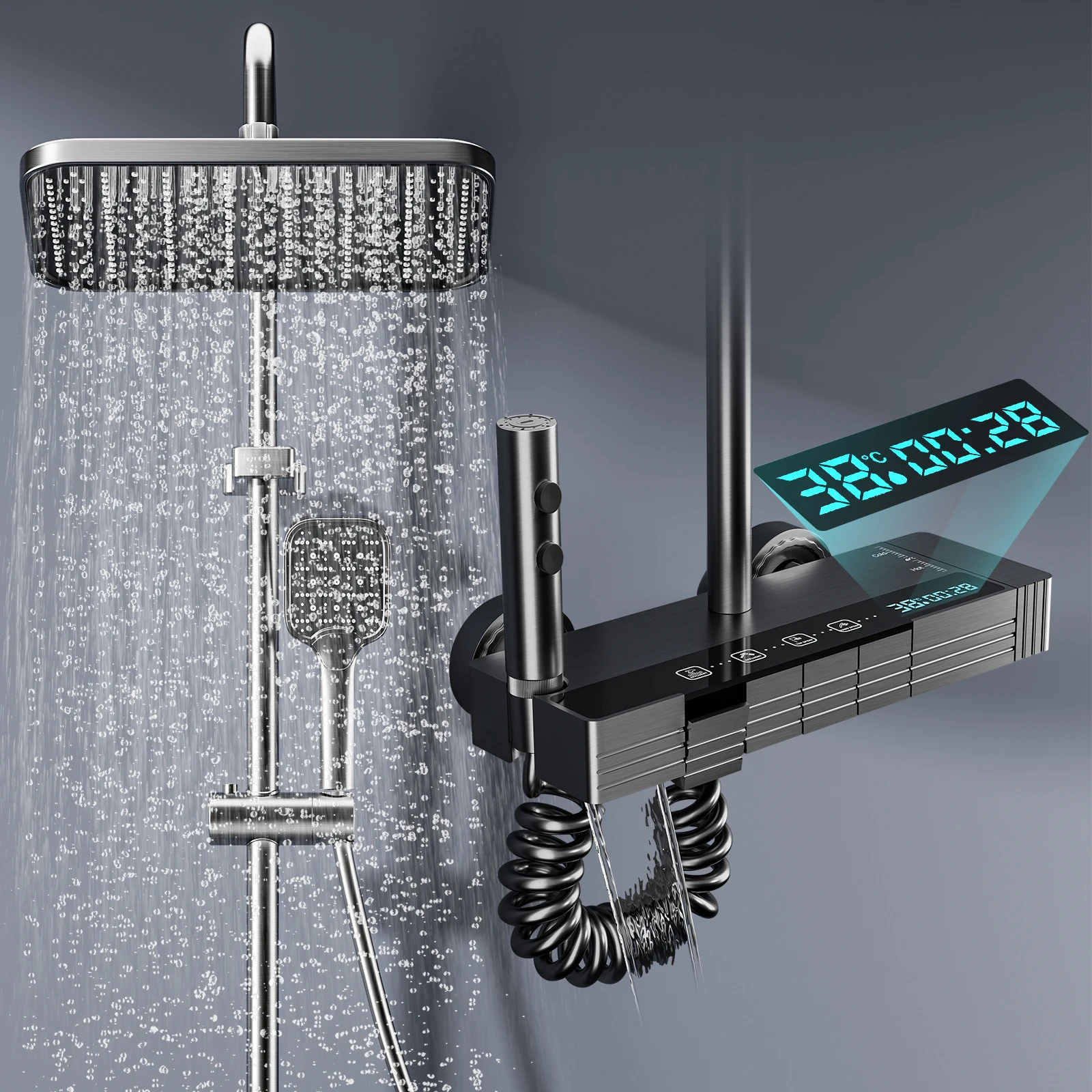 Intelligentes Digital-Display-Duschhahn-Set, Regendusche, Warm- und Kaltwasserkontrolle, Digital-Display, Ambientebeleuchtung, komplette Duschanlage für das tägliche Baden im Badezimmer.