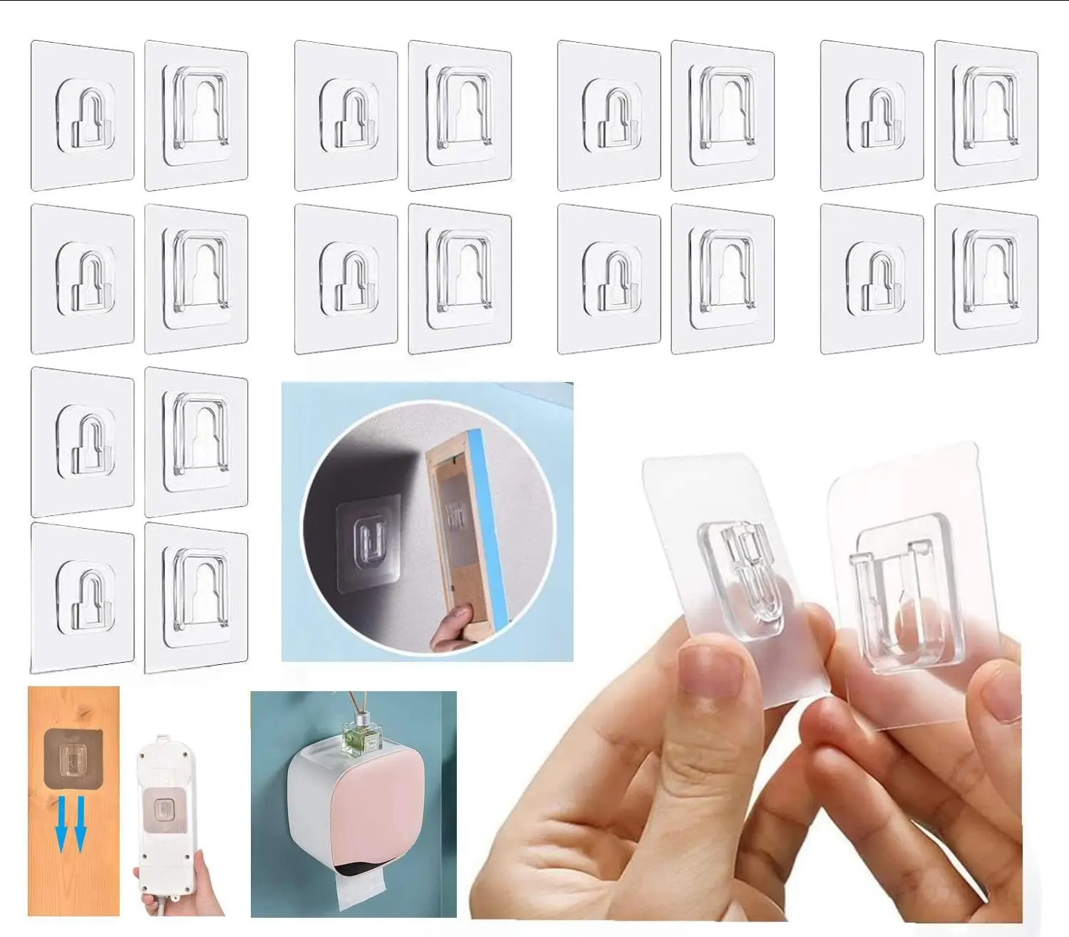 Double-Sided Adhesive Wall Hooks 20 Pairs, Waterproof and Oilproof Reusable Seamless Hooks, Without Punching