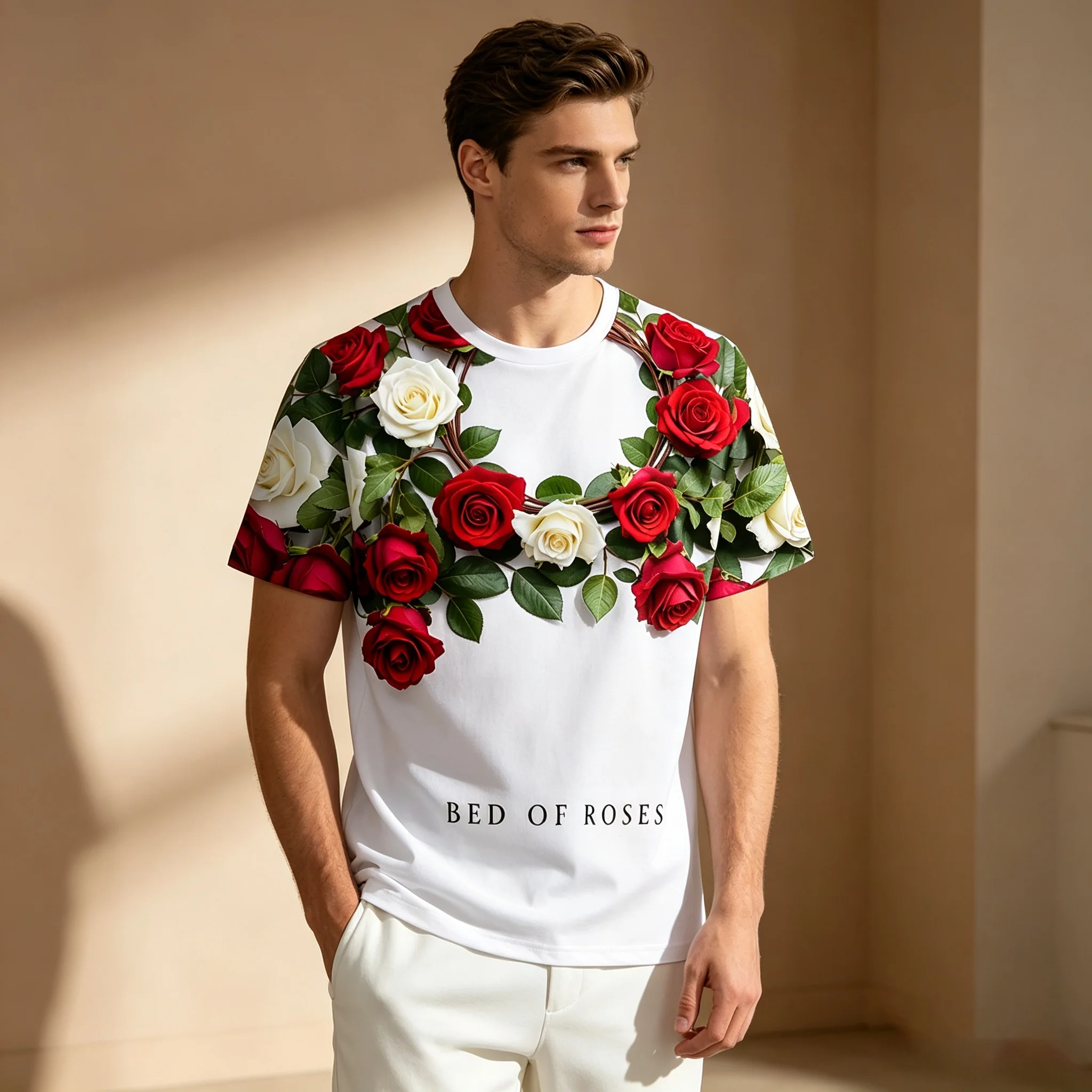 Men Red White Rose Wreath Graphic T-shirt BED OF ROSES Letter Print Crew Neck Short Sleeve Casual Streetwear Tee