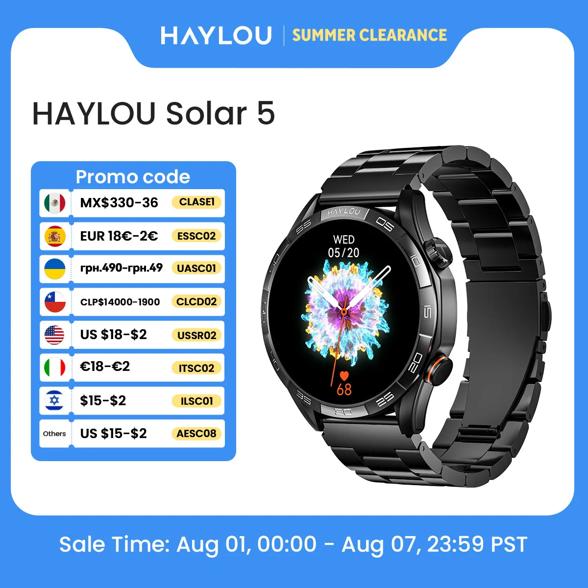 Montre connectée HAYLOU Solar 5 avec appels vocaux, écran AMOLED 1,58'', 60 Hz, surveillance de la santé 24h/24, montre connectée sportive pour hommes