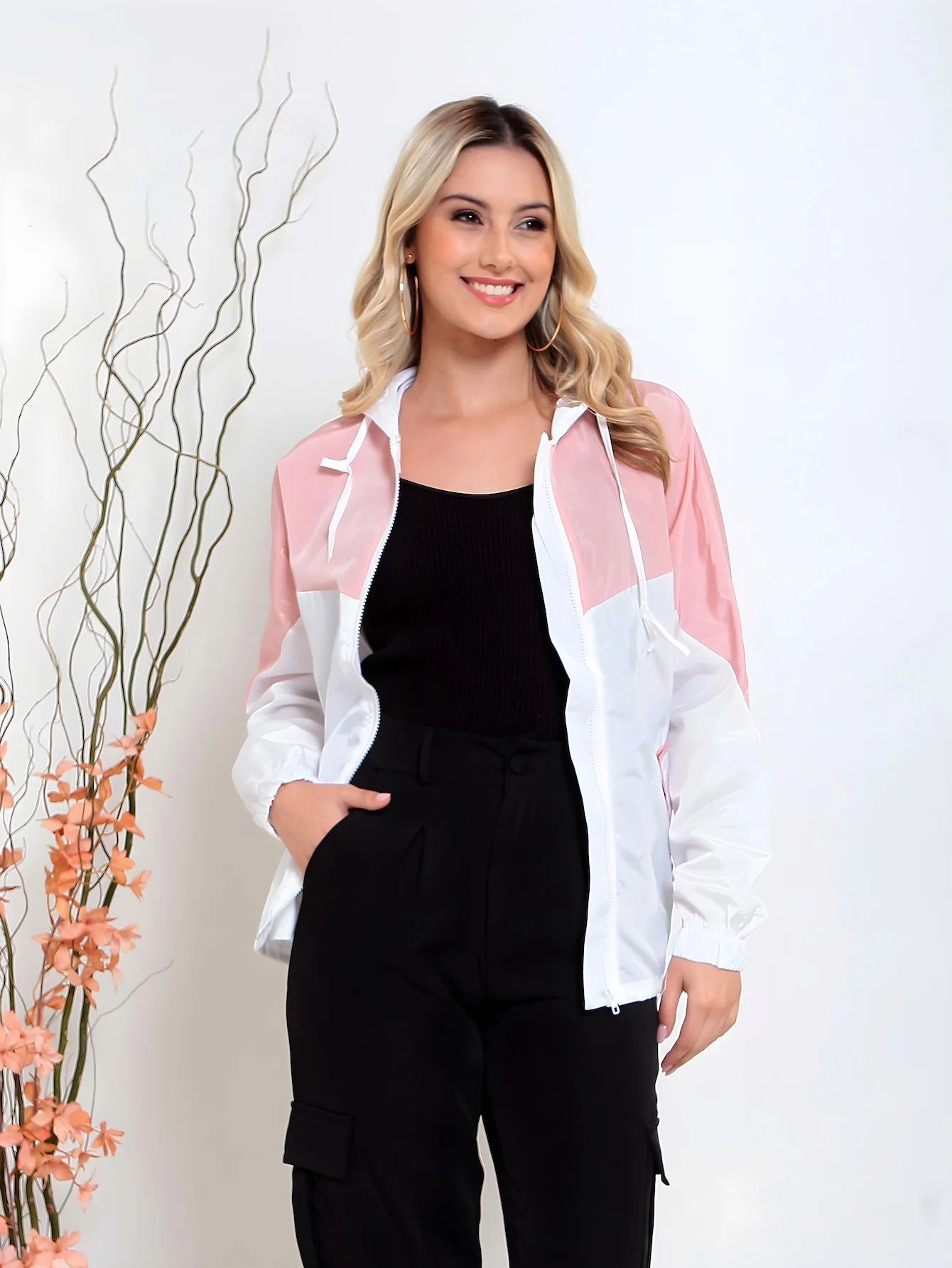 Women's Bomber Jacket with Hood and Pocket and Zipper