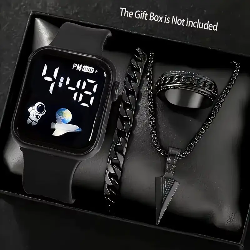 4-Piece Set of Black Silicone Digital Watches with Simple Accessory Set, Suitable for Daily Wear and Holiday Parties No Smart Functions