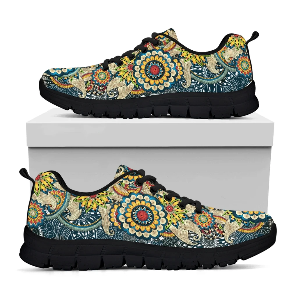 INSTANTARTS Bohemia Paisley Mandala Design Lace-up Flats Lightweight Mesh Sneakers for Women Shockproof Walking Footwear Gifts