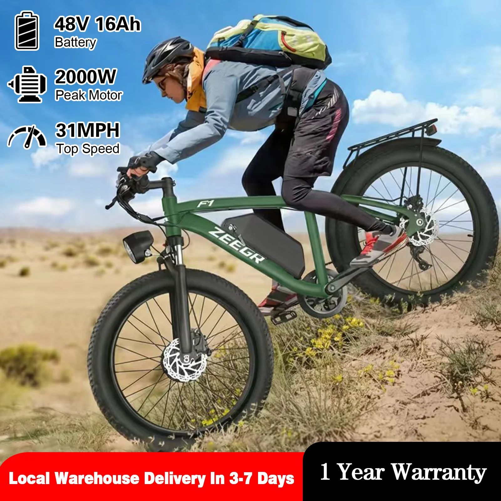 

Zeegr F1 US 1000W E-Bike 48V 16AH - 26" Fat Tire Full Suspension Hydraulic Brake 7 Gears Electric Bike with Free Rack