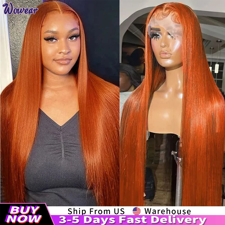 Straight Ginger Orange Colored Straight Human Hair Wig 30 Inches 200 Density 13x6 HD Lace Frontal Wigs Pre Plucked For Women