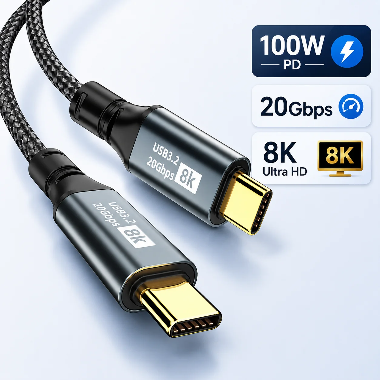100W USB-C zu USB-C Kabel, USB 3.2 20Gbps Schnelle Datensynchronisation, 8K Videoausgang Nylon-Umflochtenes Typ-C Kabel für Handy Laptop Tablet