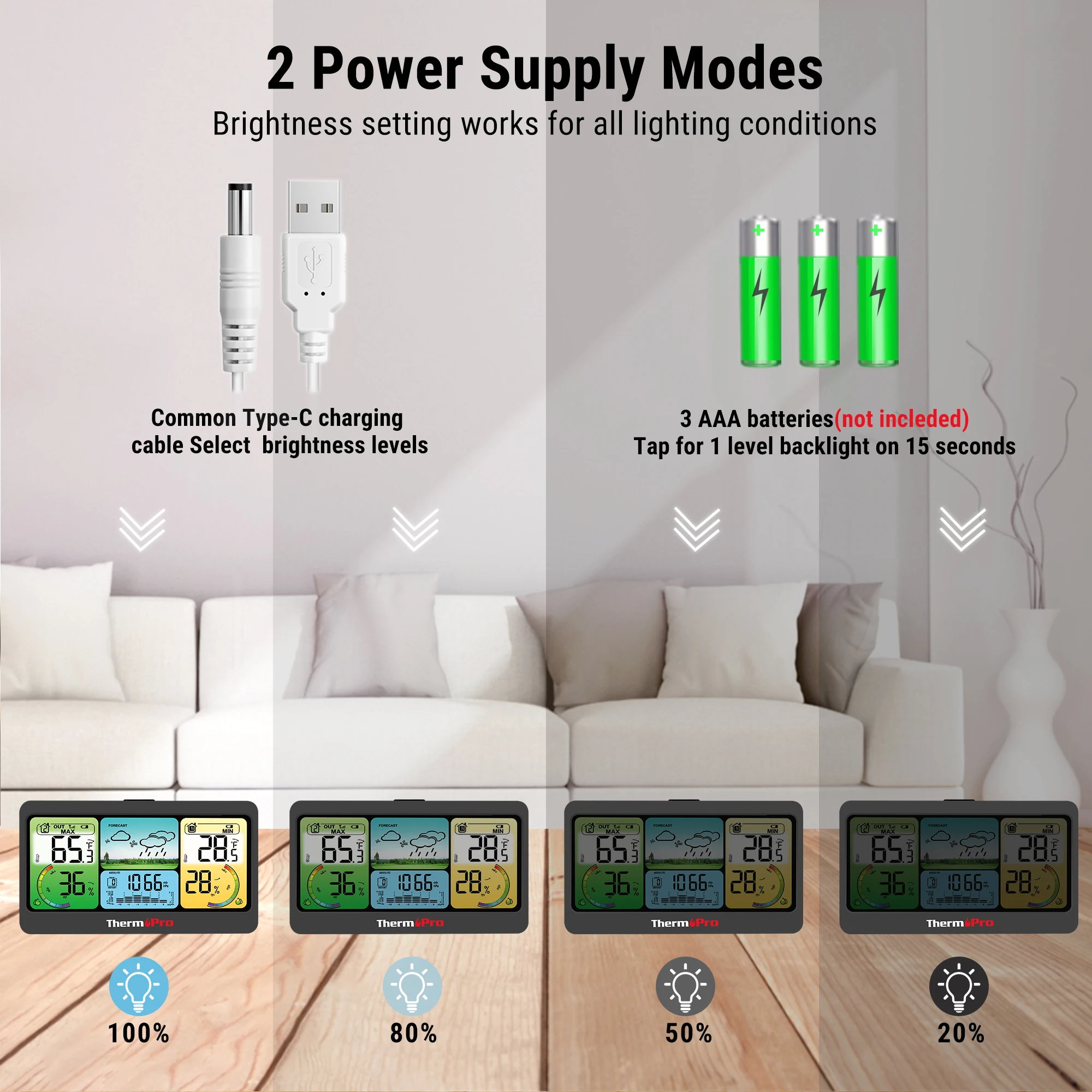 ThermoPro-Termômetro de sala digital sem fio, Higrômetro interno e externo, Estação meteorológica externa, LCD grande recarregável, TP280C, 300m