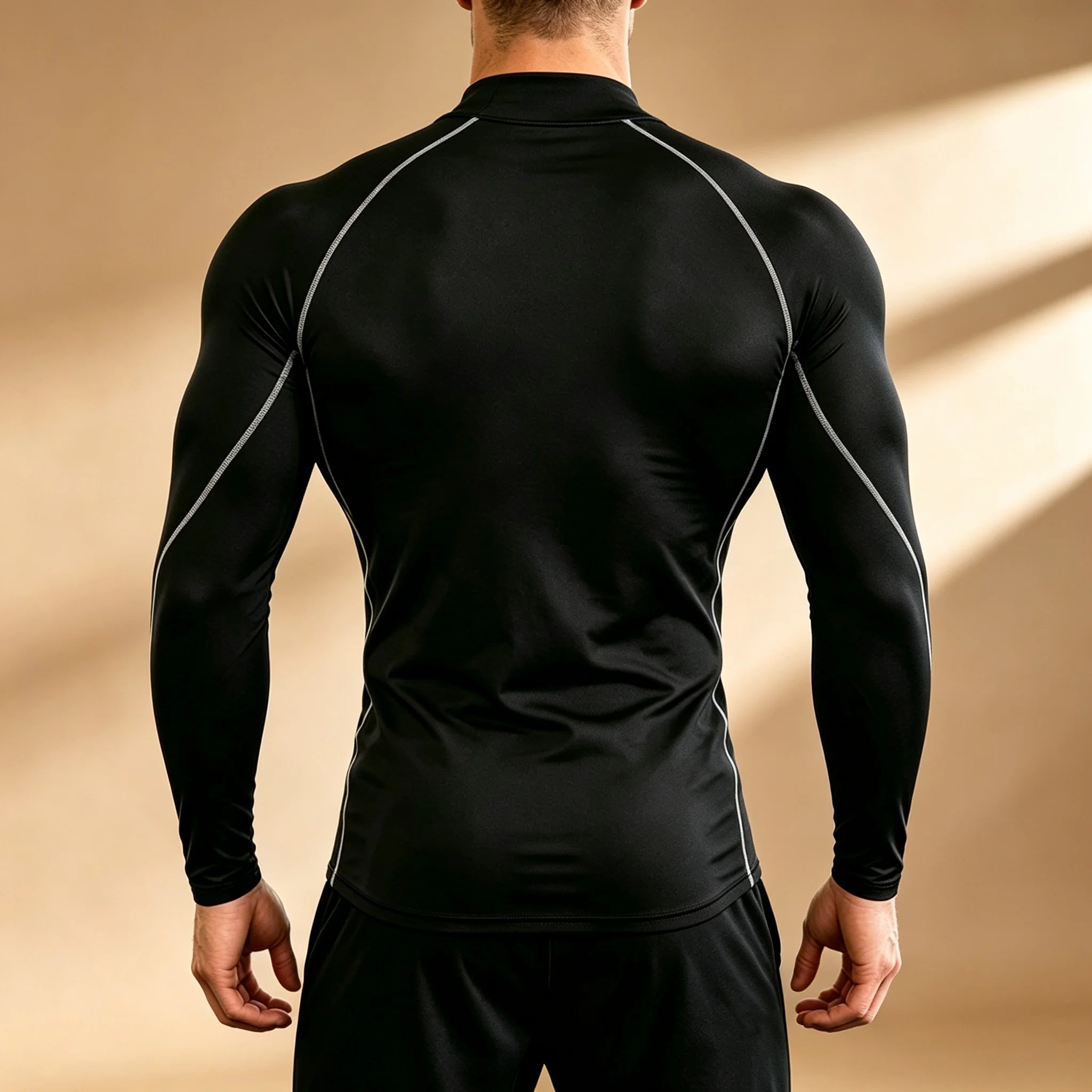 Men High Neck Compression Shirt Long Sleeve Quick Dry Gym Workout T‑Shirt Color Contrast Stitching Sports Running Fitness