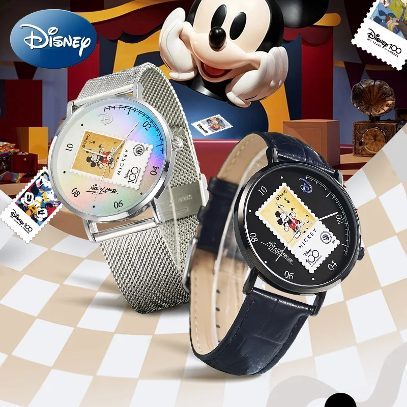 Disney Mickey Mouse Mens Casual Quartz Wristwatch 100th Anniversary Cartoon Stamp Date Display Waterproof Noctilucent Boy Clock