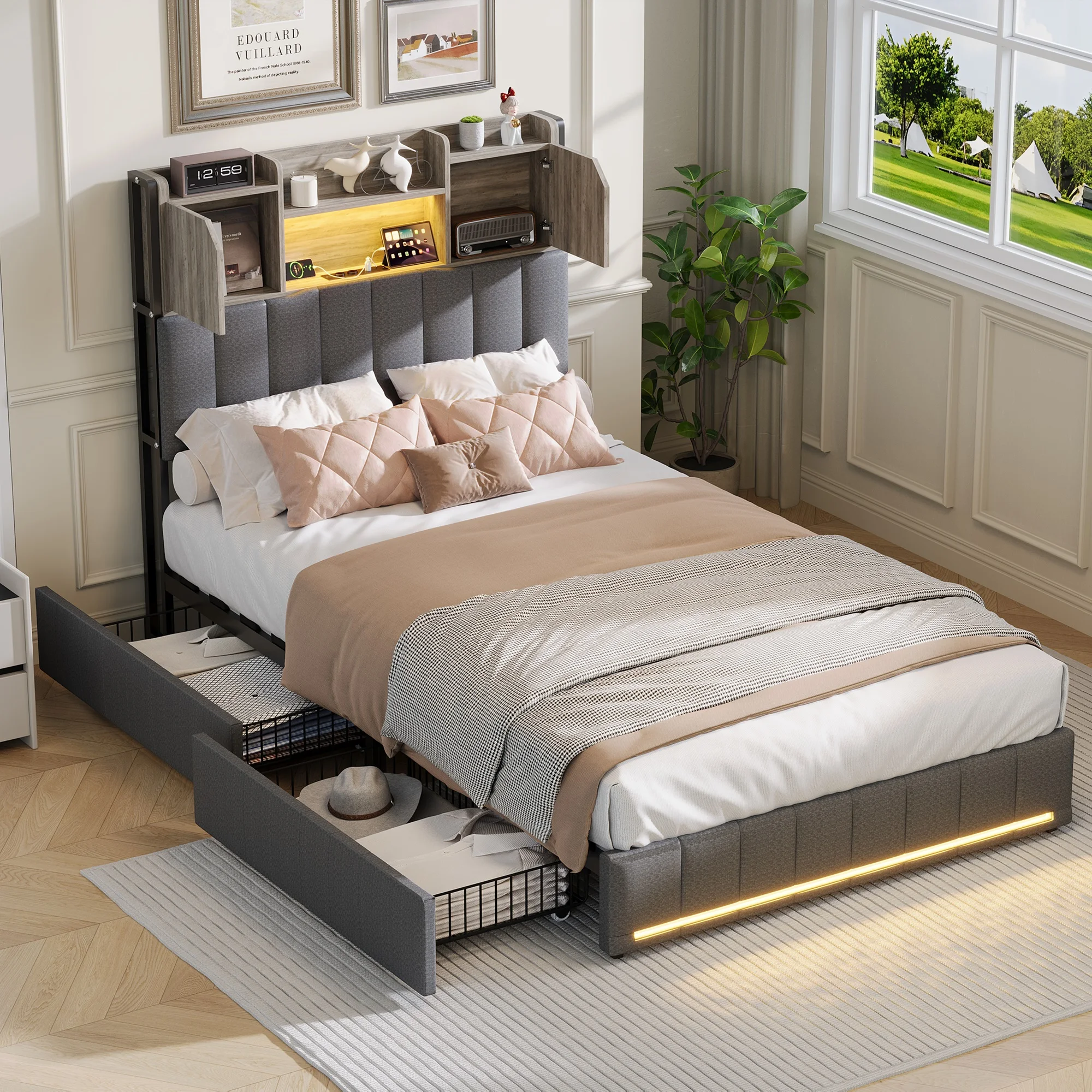 Comanlai 90 x 200 cm großes LED-Kinderbett, Einzelbett mit 2 Schubladen, gepolsterter Bettrahmen mit Staufächern im Kopfteil