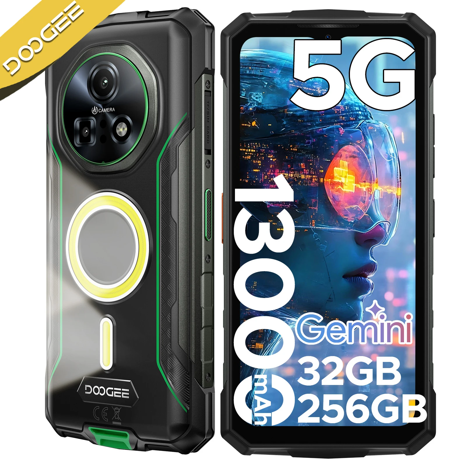 DOOGEE Fire 7 Pro 5G Rugged Phone 6.6'' Screen 1200LM Dual Camping Lights 13000mAh Battery 32GB+256GB Android 15 Smartphone POC