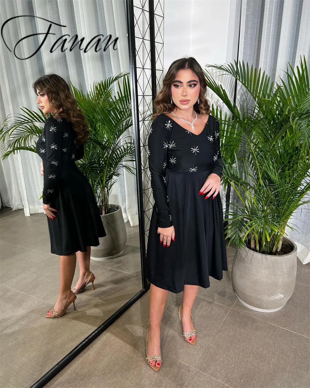 Customized A-line Casual Prom Dresses Patchwork V-Neck Full Sleeves Knee-Length Applique Daily  for Women فساتين للحفلات الراقصة