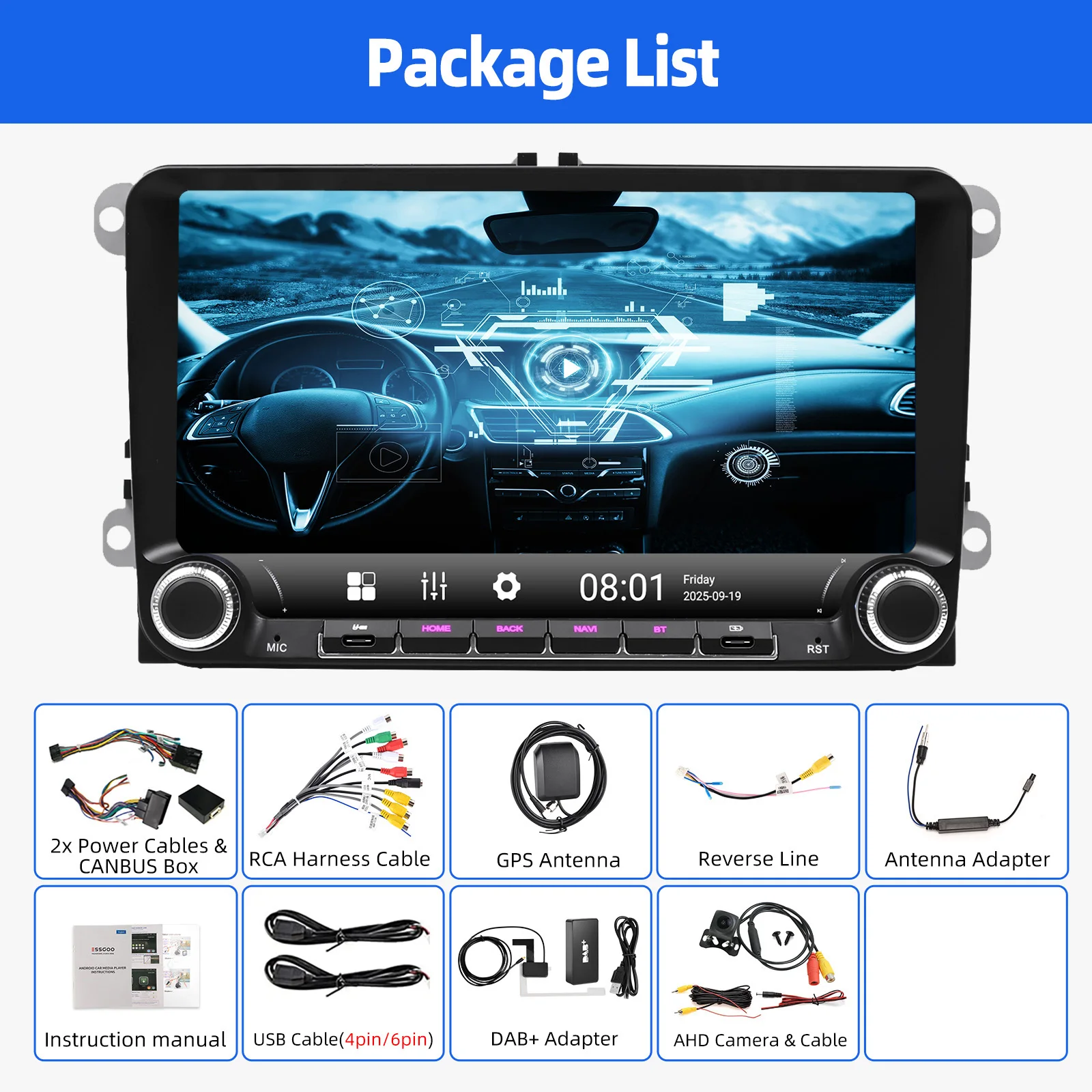 Android 15 4G 64G autoradio multimediaspeler voor Volkswagen Golf 5 6 Passat Polo met dubbele Type-C, GPS, WiFi, RDS en Carplay