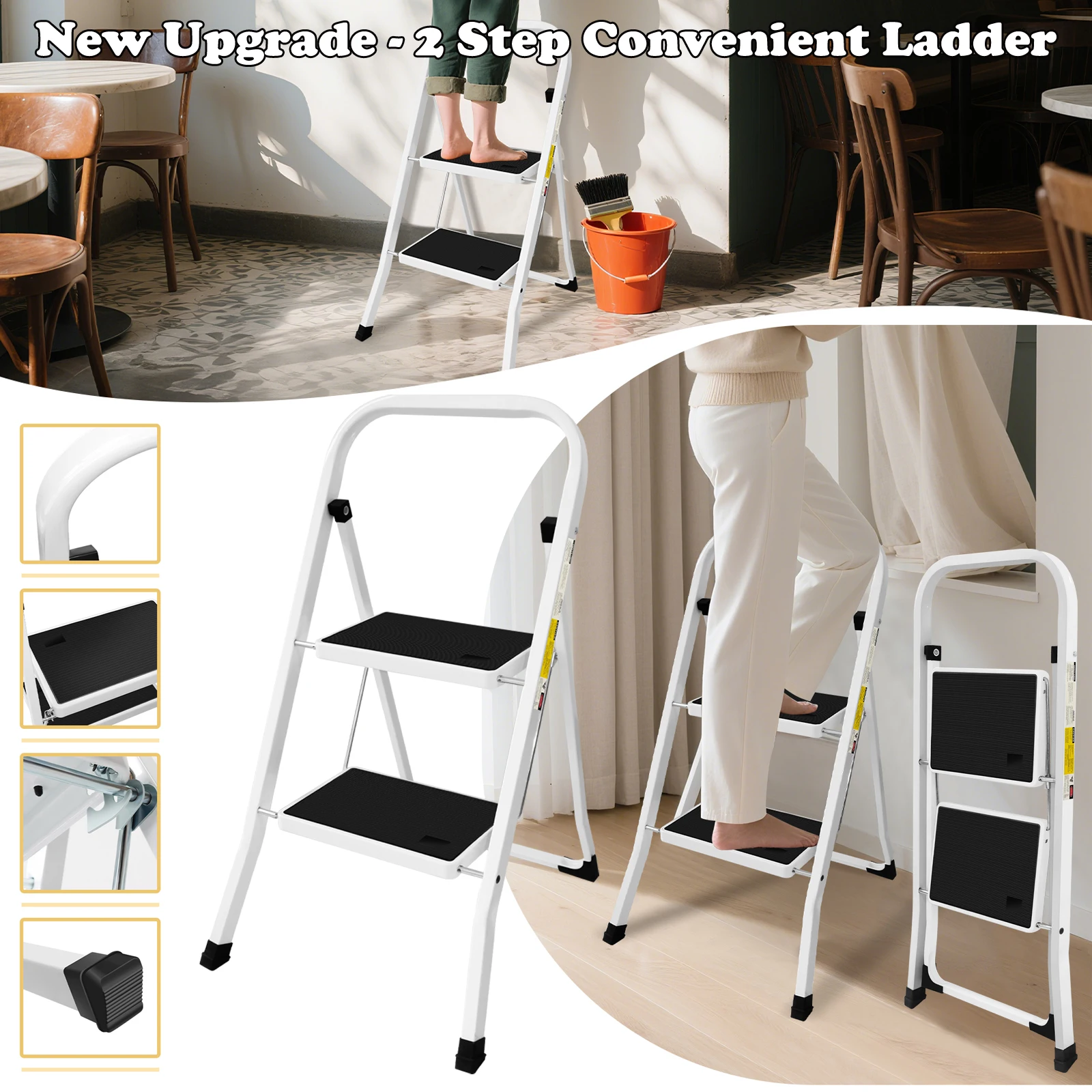 Escalera plegable de 2 peldaños, taburete de acero resistente, pies y plataforma antideslizantes, carga máxima de 150 kg, para cocina, jardín, bricolaje