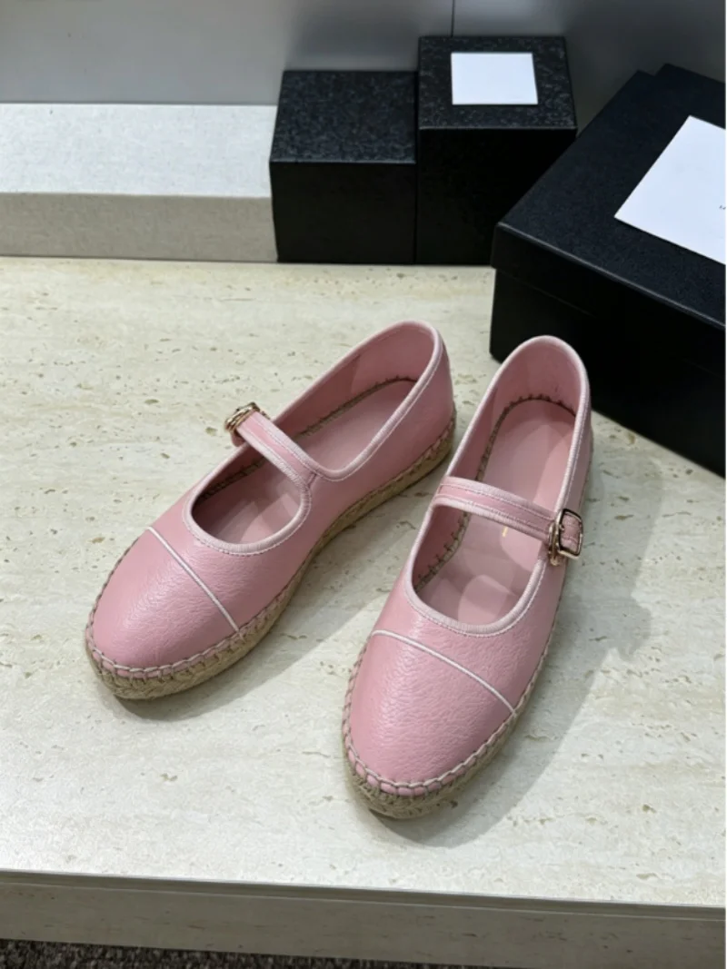 New Model High-quality Flat Mary Jane Ballet Women's Shoes - woven Straw Fisherman Loafers Single Shoes No Box 016