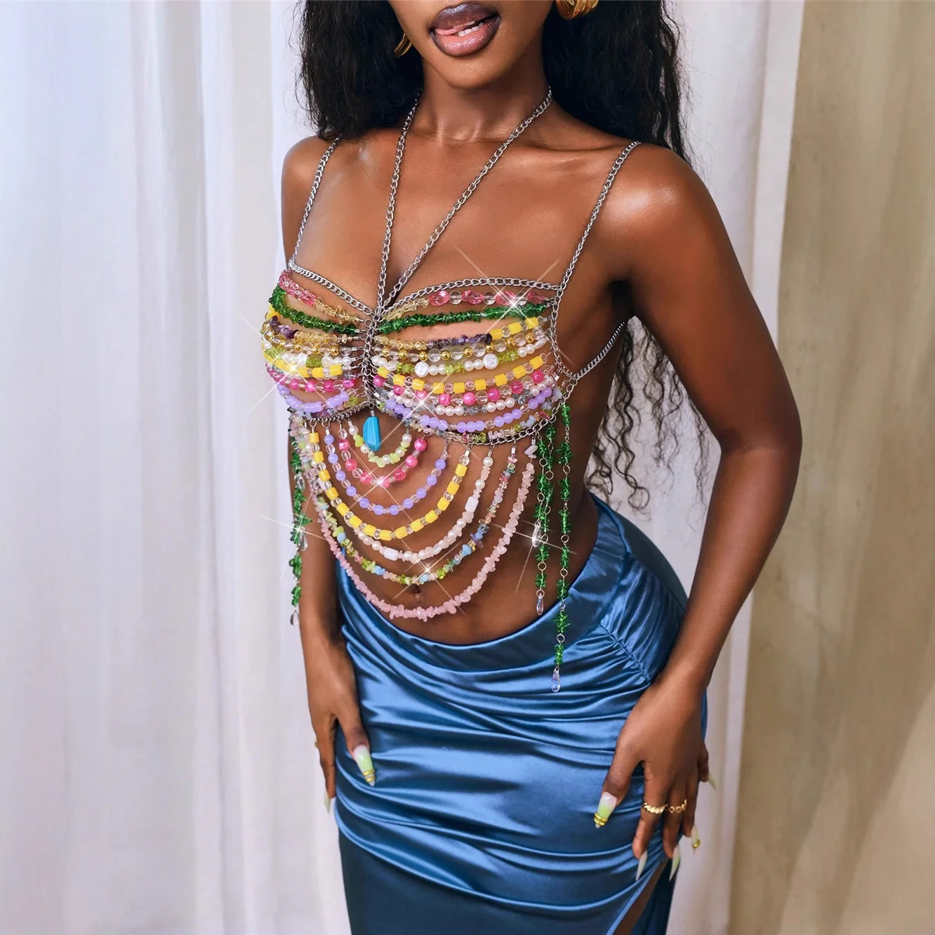 

Handmade Multi-Color Crystal Cover Up Beaded Bralette Halter Chest Chain Hollow Out Bikini Top Bra for Rave Party Body Jewelry