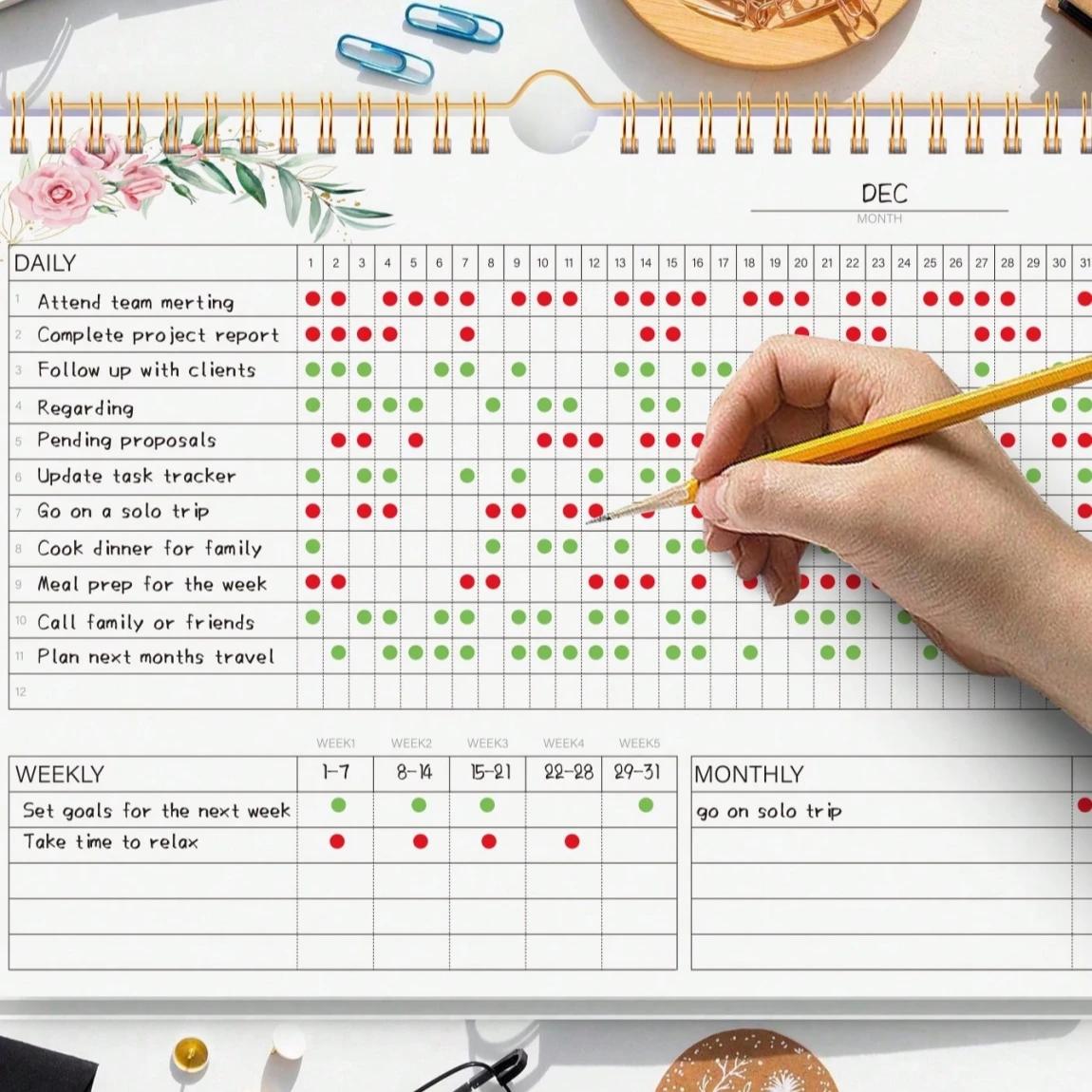 ปฏิทินติดตามนิสัยดอกไม้ | ผู้วางแผนนิสัยรายวันรายเดือน | ที่จัดระเบียบโต๊ะแบบเกลียวสําหรับเป้าหมายและกิจวัตร | วารสารแรงจูงใจความงาม