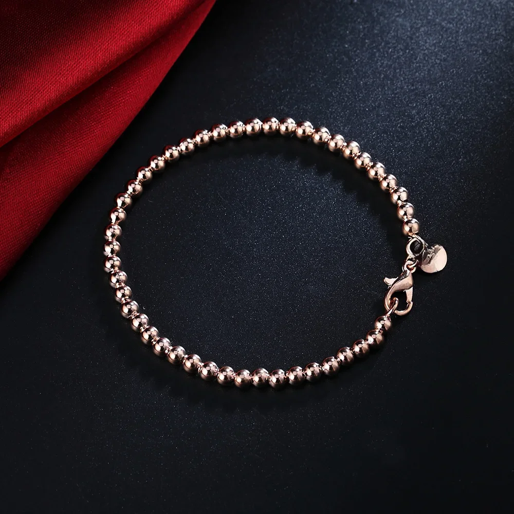 Hot 925 sterling Silver plated 18K rose gold color 4MM beads Chain Bransoletki dla kobiet Moda Impreza prezenty ślubne piękna biżuteria — zdjęcie 2