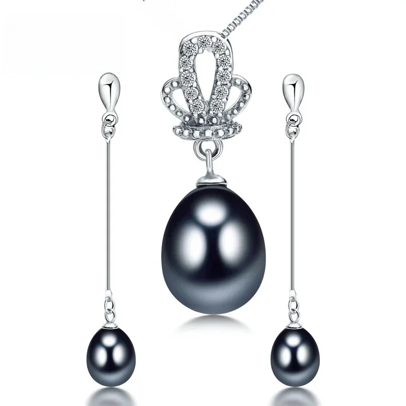 925 Sterling Silver Natural Freshwater Pearl Sets Zestaw biżuterii ślubnej Kolczyki wiszące Naszyjnik Prezent dla kobiet — zdjęcie 2