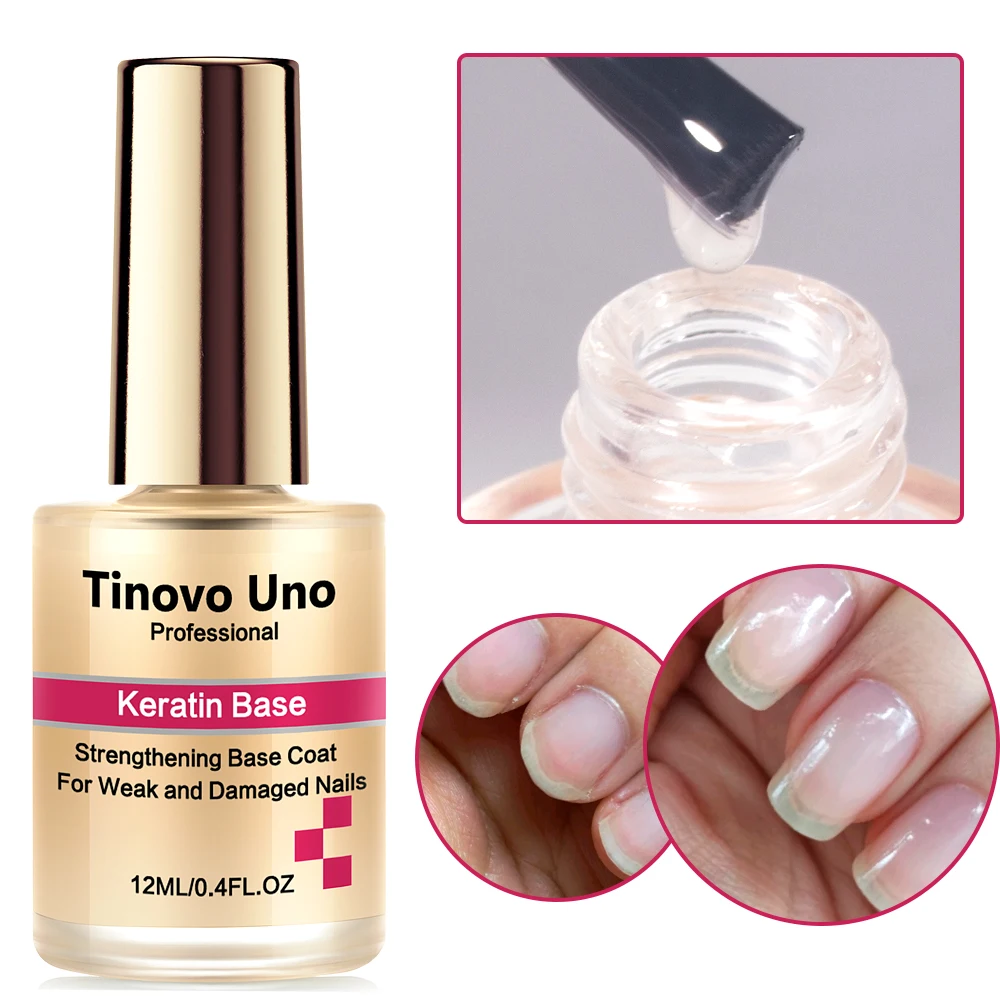 Tinovo Uno Keratin Base Coat, Fortalecedor de unhas para unhas danificadas fracas, 12ml, Air Dry, Enchimento Orgânico de Ridge, Tratamento de esmalte