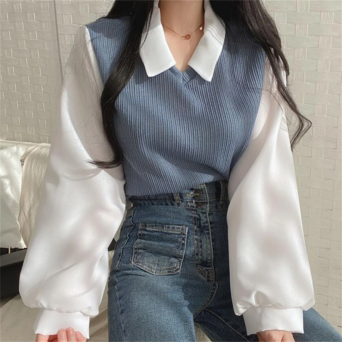Thread of Screw False Two-piece Polo Collar Sweatshirts Women Korean Patch Fashion Loose Female Pullovers Autumn Winter Y2k Tops