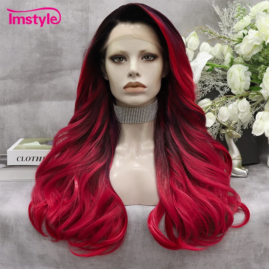 Peruca preta vermelha imstyle-ombre para mulheres, peruca frontal com renda sintética, peruca ondulada natural, fibra resistente ao calor, perucas cosplay diárias