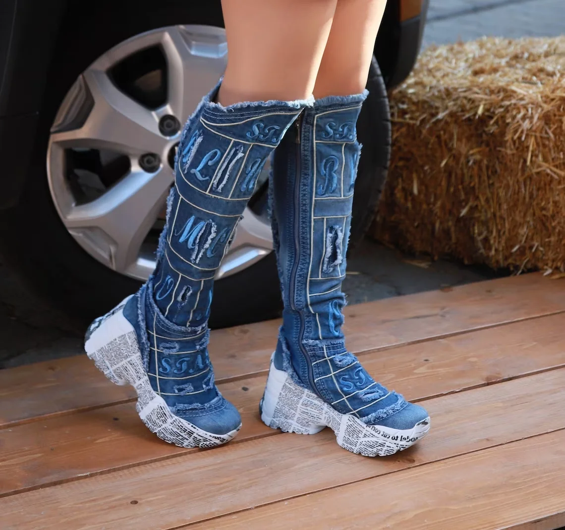 Denim Boot Above Knee Boots  Handcrafted Sexy Design Blue Pattern Embroidered Denim Women\'s Boots / Birthday Present