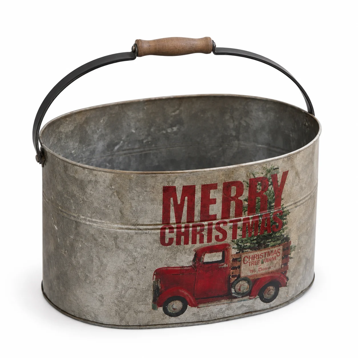 Vintage Christmas Metal Oval Bucket with Handle, Rustic Truck Printed Planter Pot, Farmhouse Holiday Storage Tub Home Decor