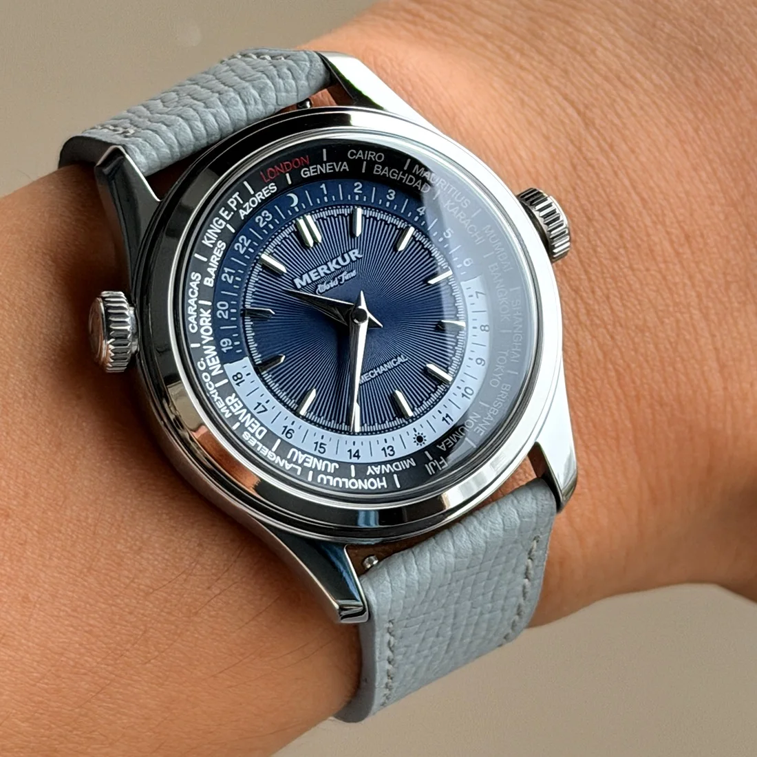 NEW Merkur Dual Crown World Time Watch Retro Manual Mechanical Watches for Men Watch Vintage 38mm Reloj Hombre