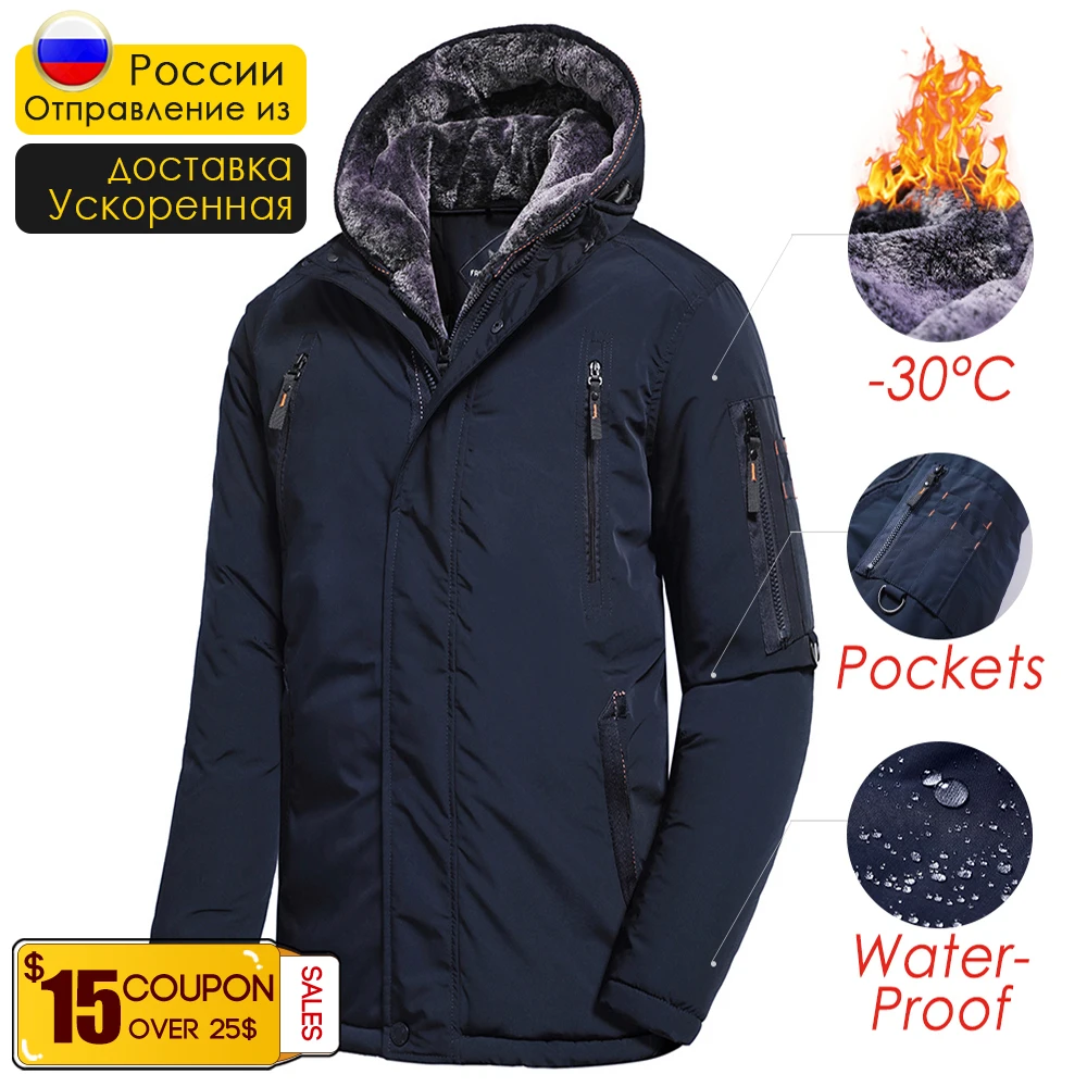 Men Winter New Long Casual Thick Fleece Hood Waterproof Parkas Jacket Coat Men Outwear Vintage Pockets Parka Jacket 60 Plus Size