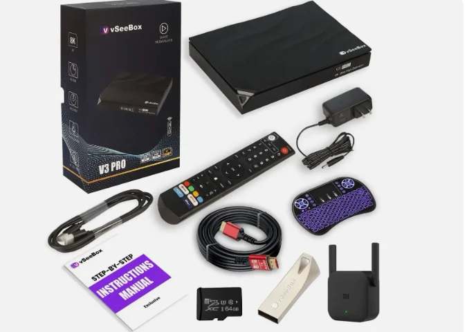 

Discount BUY 2 GET 1 FREE vSeeBox V3 Pro Bundle 8K HDMI, 64GB CardDrive, WiFi Extender, Keyboard