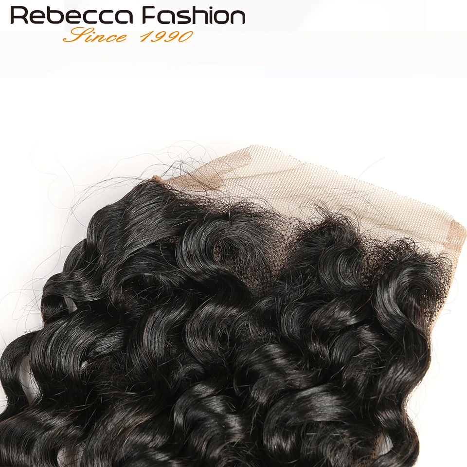 Rebecca 180D 4X4 Top Lace Closure Deep Wave Transparent Swiss Lace Bleached Knots Pre Plucked Deep Curly Human Hair Lace Closure