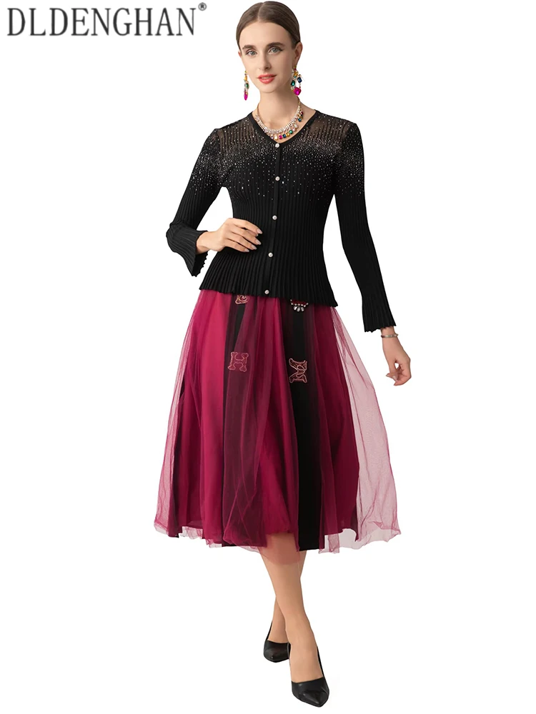 DLDENGHAN Women V-Neck Flare Sleeves Elastic Waist Hotfix Rhinestone Design Spring Autumnal New model High Street 2-Piece