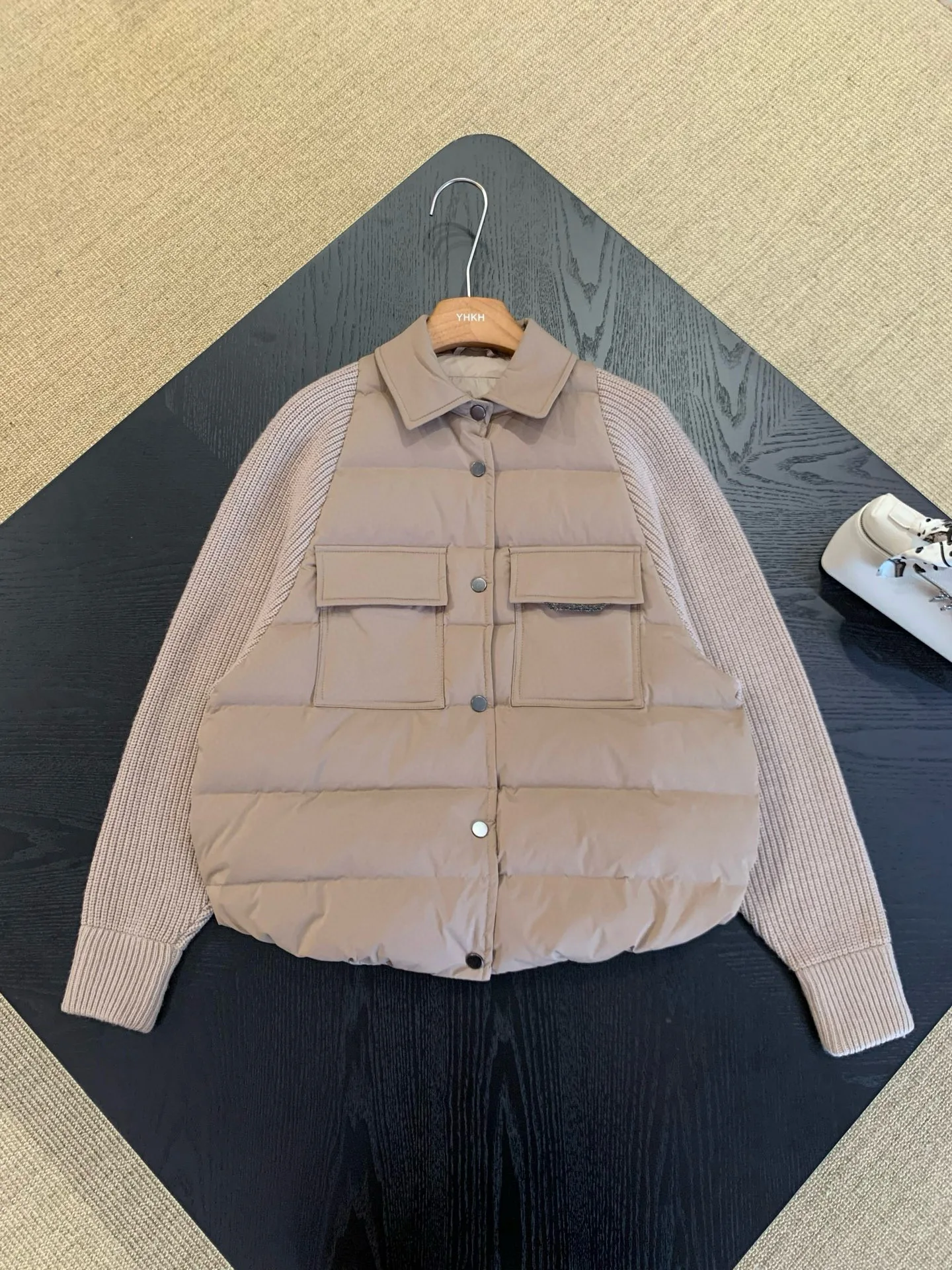 Jaqueta feminina de retalhos de penas de ganso de malha de alta qualidade de cor sólida