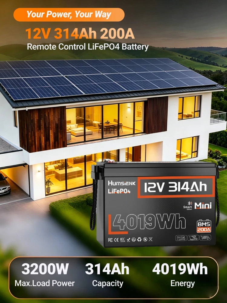 Humsienk 12V 314Ah LiFePO4 Lithium-Batterie mit Bluetooth-App, Niedertemperaturschutz, integriertem 200A BMS, 4019Wh Energie, Mini-Format, bis zu 15000 Zyklen für Off-Grid, Wohnmobile, Solaranlagen,