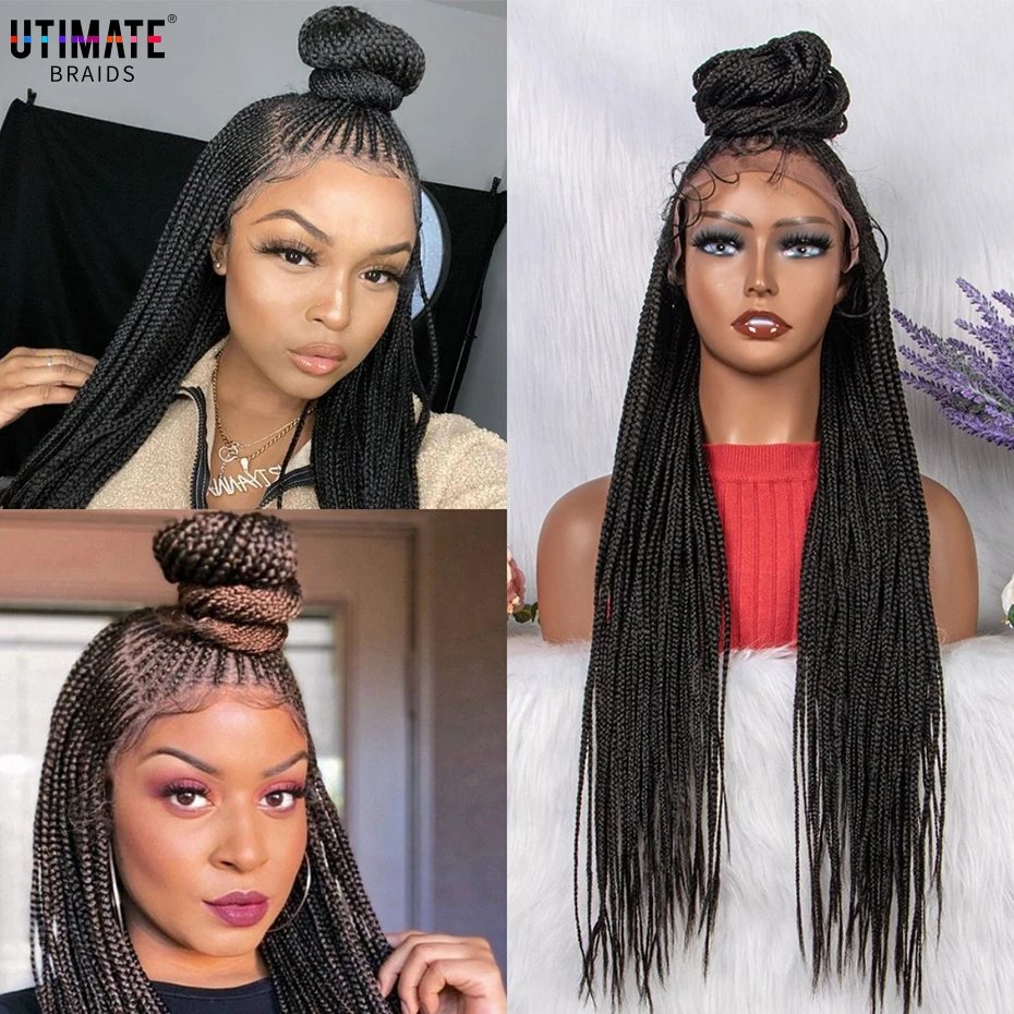 

Braided Wigs 28'' Lace Frontal Cornrow Wig Knotless Synthetic Braided Lace Front Wigs with Baby Hair for Black Women Afro Style