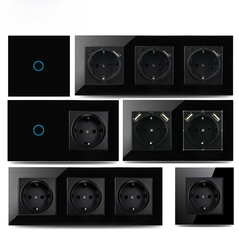 Touch Lichtschakelaar Met EU USB Type C Dubbele Drievoudige Stopcontacten Zwarte Led-schakelaars Kristal Donkere Achtergrondverlichting Stopcontact 16A - afbeelding 2
