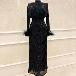 Shiny Sequins High Neck Evening Dress Long Sleeve with Pleat and Feathers Straight Muslim Custom Made Zipper Gowns for Women