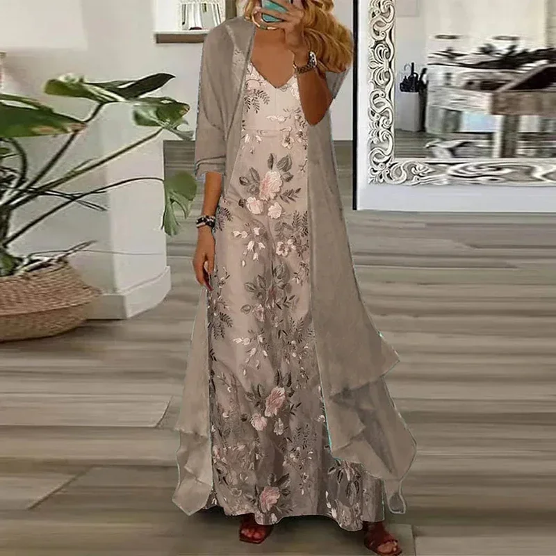 Szyfonowy kardigan z nadrukiem w stylu vintage 2-częściowa sukienka na ramiączkach elegancka jesienna pół rękawa drapowane suknie wieczorowe damski garnitur 2024 nowość — zdjęcie 2