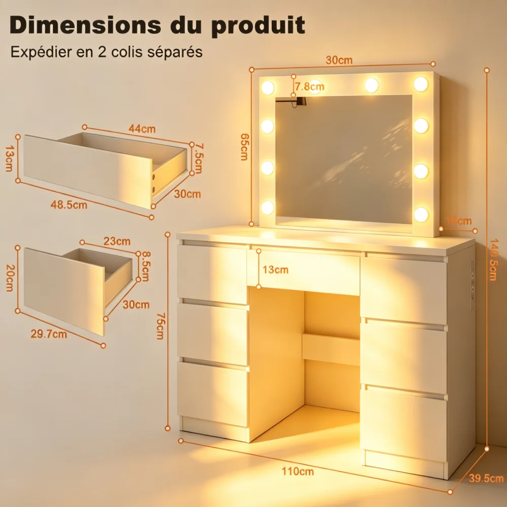 Tavolo da toeletta Mihtrov, modello White, con specchio LED di grandi dimensioni, illuminazione a 3 colori, presa di corrente europea, porta USB-C, luce LED regolabile per il trucco, tavolo da
