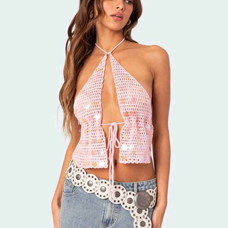 

Women's Sexy Halter Lace Up Sequined Crochet Top Vest Camis Boho Beach Bikini Cover Ups Swimsuit Female Swimwear Cropped Top