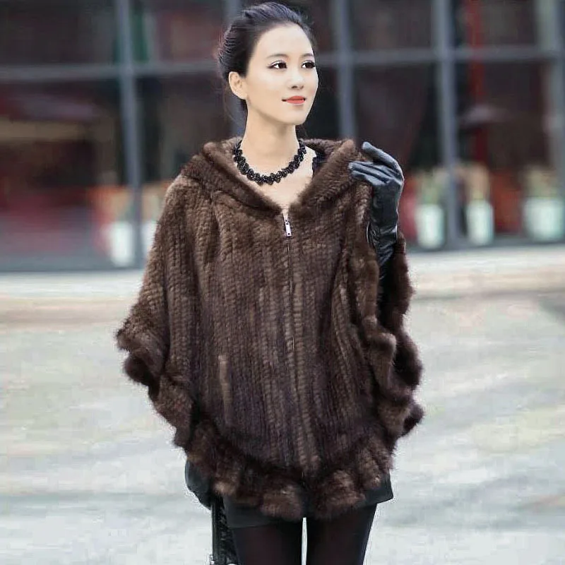 Fashion Women Fur Shawl Winter Knitted Real Mink Fur Stole With Fur Hood Knitted Mink Poncho Pashmina